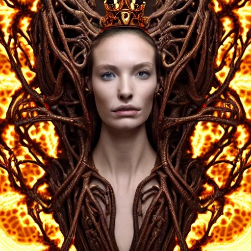 Image similar to a high quality photo of a young beautiful female queen-roots-dragon-cyborg bust with a very long neck and Mandelbrot fractal face, Mandelbrot fractal skin, flesh, anatomical, facial muscles, veins, arteries, elegant, highly detailed, flesh highly baroque ornate, hair are wired cables, elegant, high fashion, rim light, octane render, in the style of Flora Borsi, Realistic, Refined, Digital Art, Highly Detailed, Cinematic Lighting, dramatic colors scheme, photo-realistic, 8K