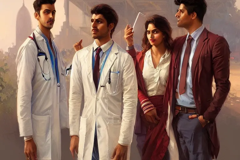 Image similar to Anxious good looking pale young Indian doctors wearing American clothes at the airport, portrait, elegant, intricate, digital painting, artstation, concept art, smooth, sharp focus, illustration, art by artgerm and greg rutkowski and alphonse mucha