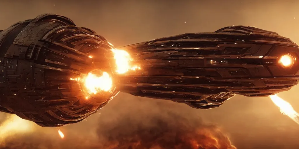 Prompt: exploding spaceship from the movie dune, 2 0 2 1 cinematic 4 k framegrab, intricate abstract spaceship floating detailed docking ports, lots of explosions!! all over the spaceships