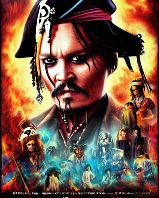 Image similar to < pirates of the prompt >!!!!! film poster featuring johnny depp, airbrush, drew struzan illustration art, key art, movie poster