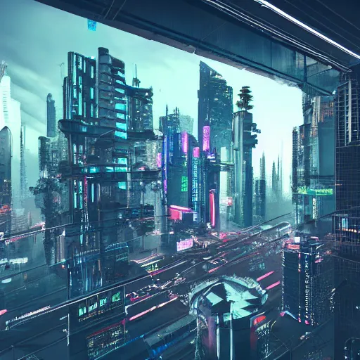 Prompt: cyberpunk city view from window