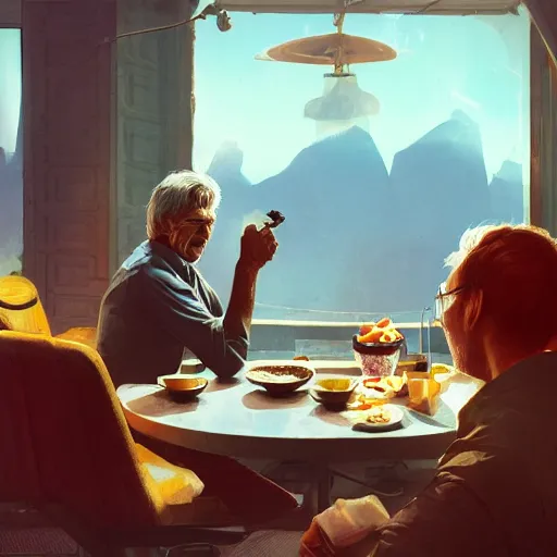 Image similar to harrison ford eating breakfast, colorful, contrast, 3 d scene, greg rutkowski, zabrocki, karlkka, jayison devadas, trending on artstation, 8 k, ultra wide angle, zenith view, pincushion lens effect