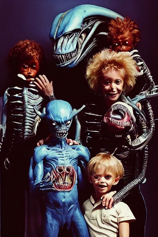 Image similar to alien monster mutant family photo, 1 9 8 0 s, olan mills studio, xenomorph, creepy, scary, nightmare, color, cinematic, oat studio, neill blomkamp, district 9