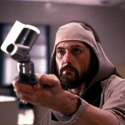 Image similar to jesus as a bank robber as in the movie heat, photograph