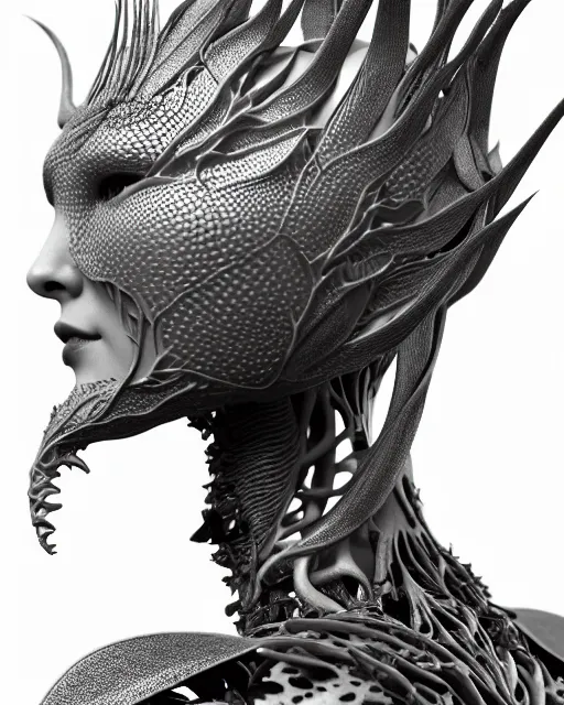 Image similar to bw close - up profile face, black background, beautiful porcelain vegetal dragon cyborg young female, 1 5 0 mm, beautiful natural soft rim light, silver gold details, magnolia leaves and stems, roots, fine lace, mandelbot fractal, elegant, ultra detailed, white metallic armour, octane render, h. r. giger style