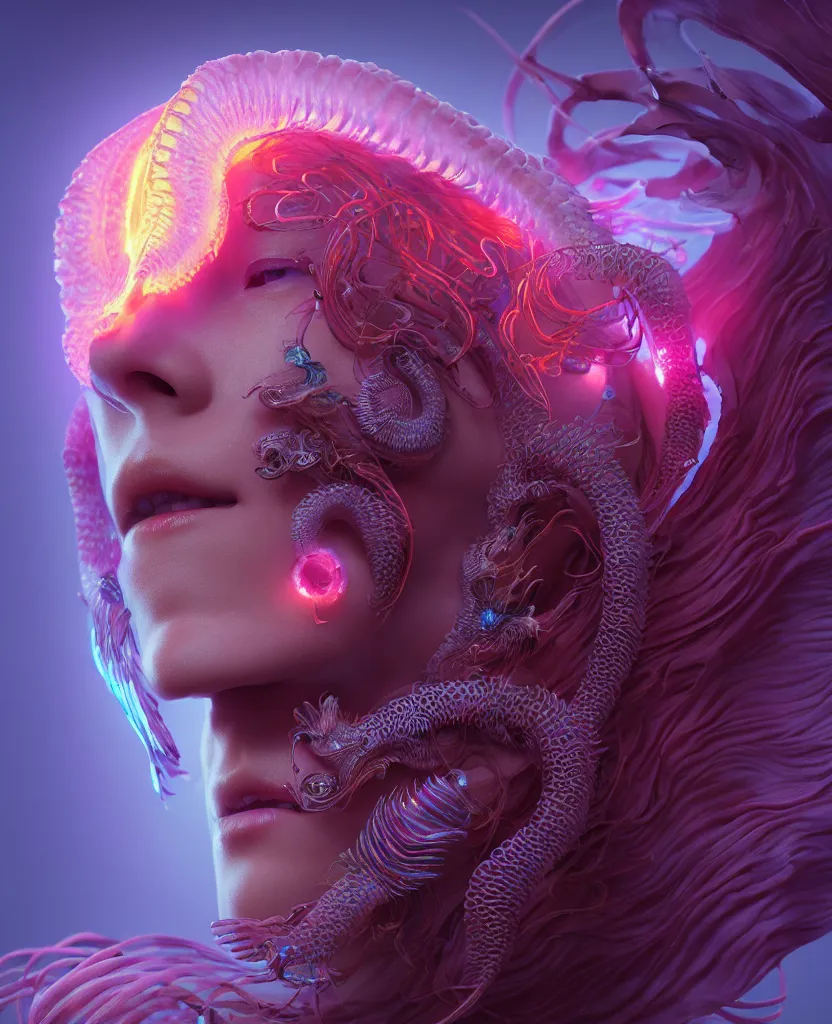 Image similar to goddess close-up face portrait. chimera orchid jellyfish phoenix head, nautilus, skull, betta fish, bioluminiscent creatures, intricate artwork by Tooth Wu and wlop and beeple. octane render, trending on artstation, greg rutkowski very coherent symmetrical artwork. cinematic, hyper realism, high detail, octane render, 8k