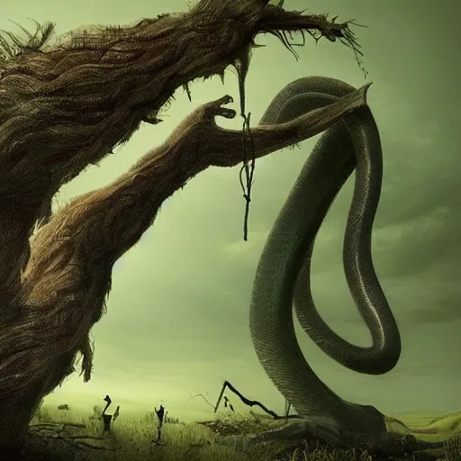 Image similar to A beautiful installation art of a large, looming creature with a long, snake-like body. The creature has many large, sharp teeth, and its eyes glow a eerie green. It is wrapped around a large tree, which is bent and broken under the creature's weight. There is a small figure in the foreground, clutching a sword, which is dwarfed by the size of the creature. warm, Wanda Gág by Naoto Hattori, by Claude Cahun intuitive