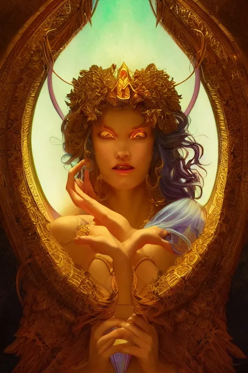 Image similar to portrait of a beautiful sorceress by artgerm, vivid color, complementary color, golden ratio, detailed, sharp lines, sharp focus, intricate, rainbowshift, by maxfield parrish, by peter mohrbacher, by gustave dore, by alphonse mucha, deviantart, octane render