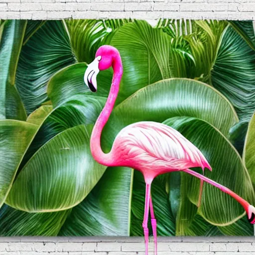 Prompt: photorealistic portrait of pink flamingo in front banana plants and a flamingo print wall, 5 0 mm uhd by annie leibovitz