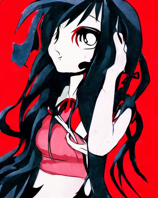 Cartoon illustration of a sad vampire girl with long black hair