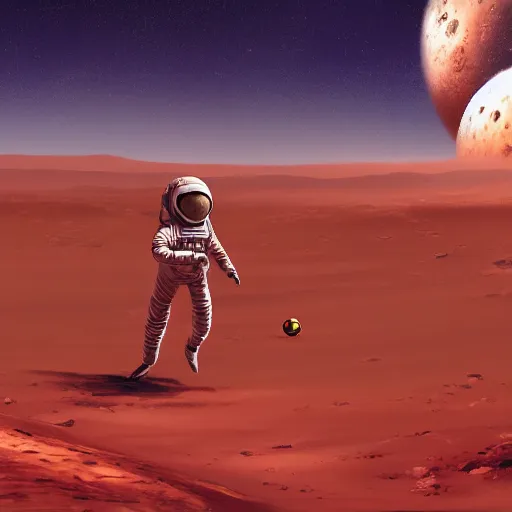 Prompt: digital art, trending on artstation, a soviet astronaut playing soccer on mars, mars landscape, cinematic, relaxing