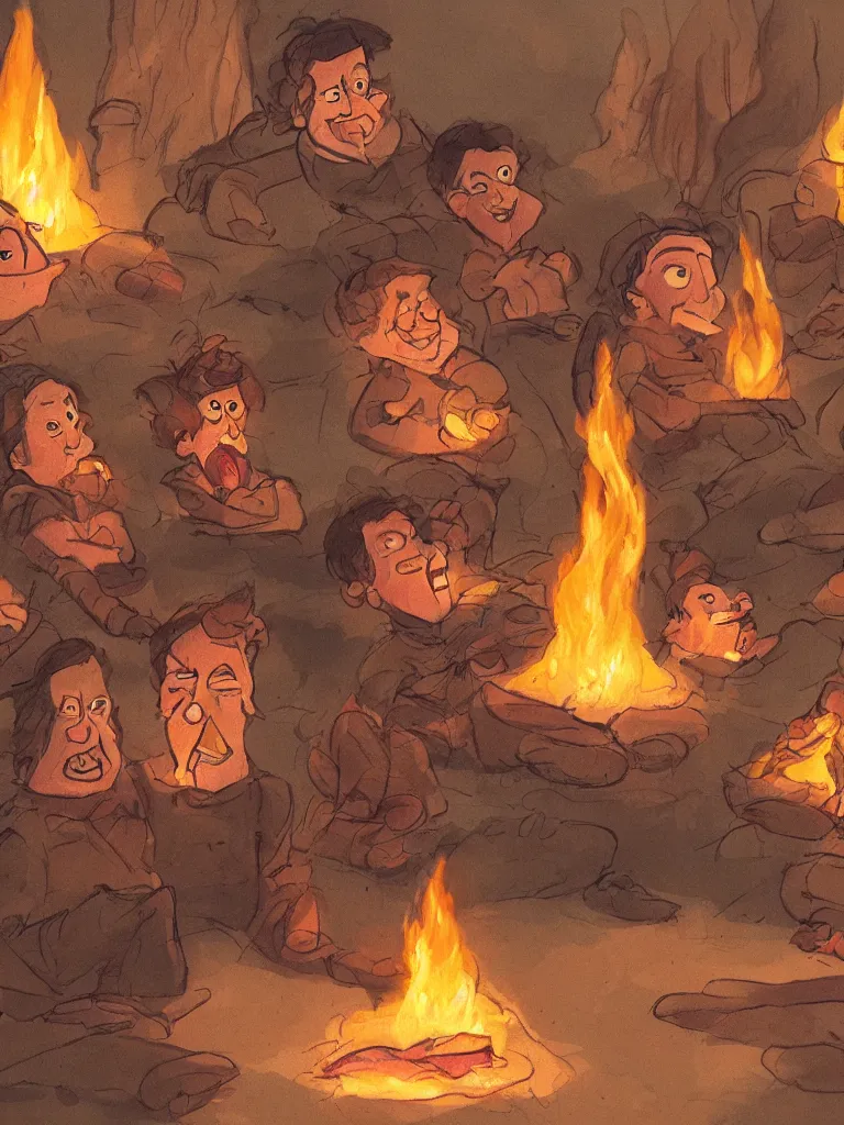 Prompt: camp fire lit faces by disney concept artists, blunt borders, rule of thirds