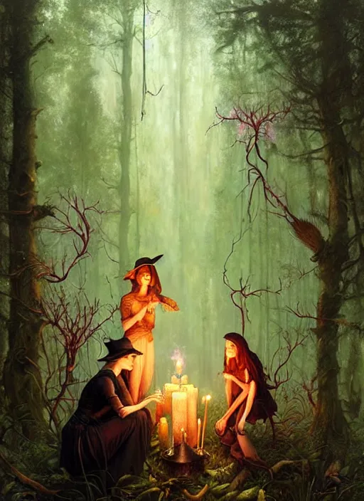 Image similar to a hyper realistic witch shrine, candles, in the woods, distant explosions, gorgeous lighting, lush forest foliage, painting by chiara bautista and tom bagshaw, mucha, beksinski and norman rockwell and greg rutkowski weta studio, and lucasfilm