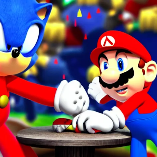 Prompt: mario and sonic arm wrestling