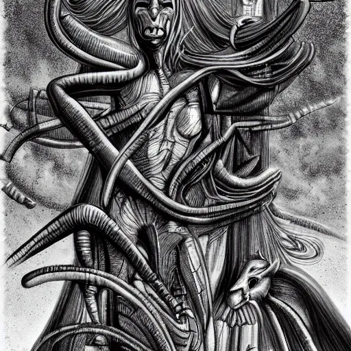 Image similar to detailed black and white science fiction painting of my little pony in the style of h r giger and wayne barlowe