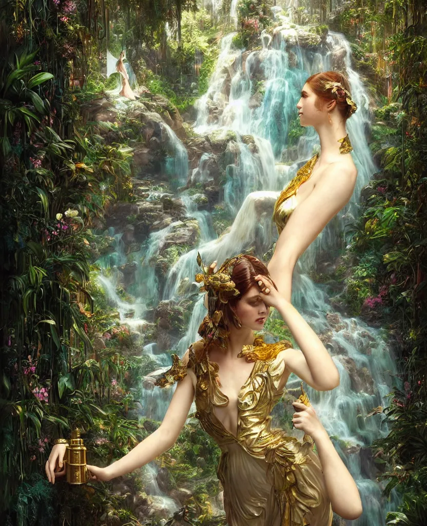 Image similar to hyper realistic photographer looking through a vintage medium format camera, magic pouring from lens, fantasy castle, full body waterfall dress, design on white background, beautiful details, lush foliage cyberpunk, gold, drawn by john singer sargent, tom bagshaw, norman rockwell, alphonso mucha, lolish, trending on artstation