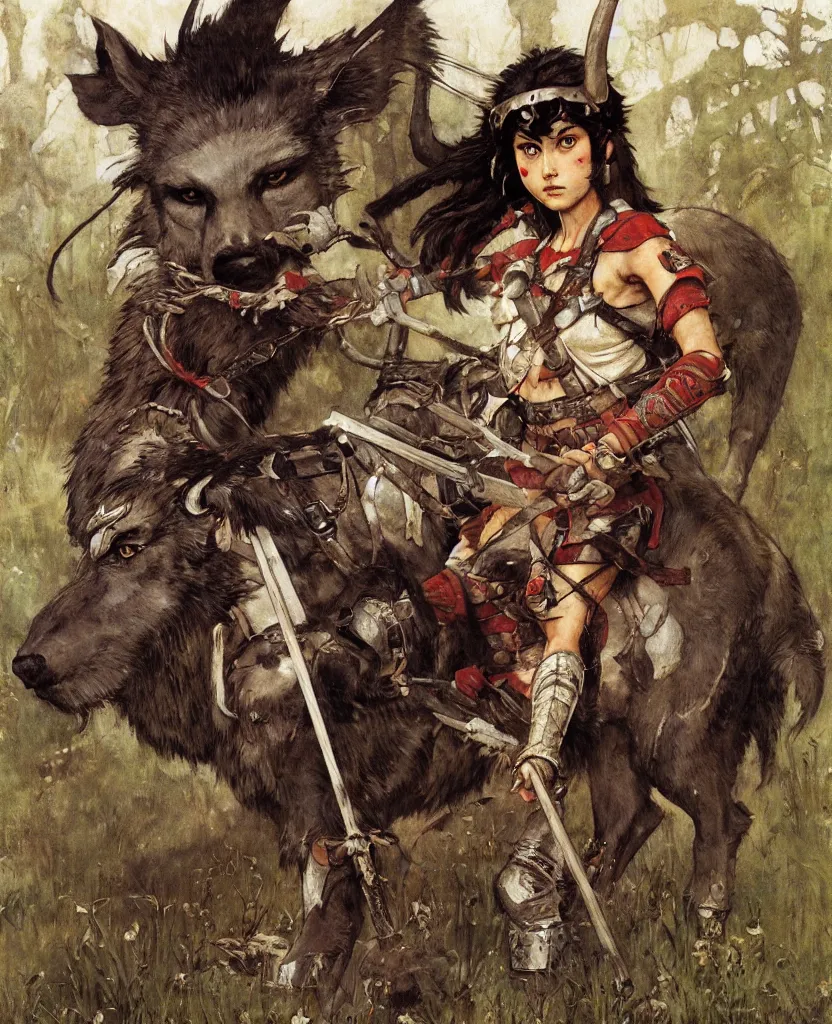 Image similar to portrait of fierce Princess Mononoke, fully clothed in armor, painted by norman rockwell, james gurney, denoised, sharp, architectural