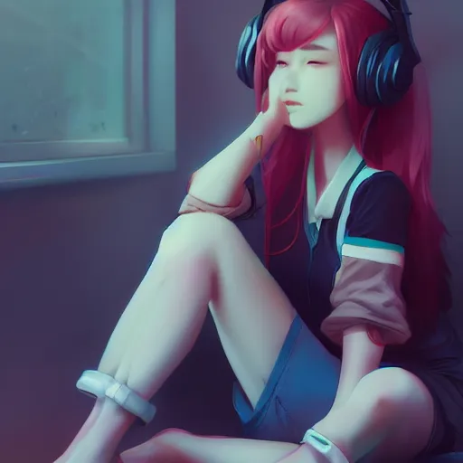 Prompt: lofi hiphop girl sitting in her room with headphones on by Wenqing Yan, WLOP, Zumidraws, OlchaS Logan cure, liang Xing ArtstationHD