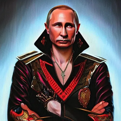 Prompt: Vladimir Putin as Freddy Mercury from Queen, portrait, highly detailed, digital painting, artstation, concept art, smooth, sharp focus, illustration, cinematic lighting, art by artgerm and greg rutkowski and alphonse mucha