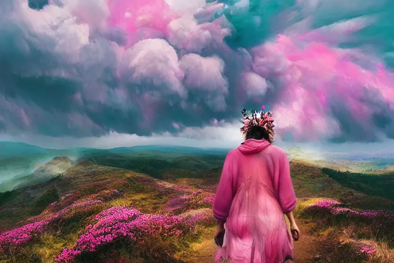 Image similar to giant dahlia flower crown head woman walking on mountain, surreal photography, pink storm clouds, dramatic light, impressionist painting, digital painting, artstation, simon stalenhag