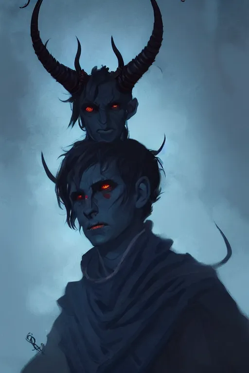 Image similar to sad dark blue tiefling boy with horns and dark hair and pitch black hollow eyes by Greg Rutkowski