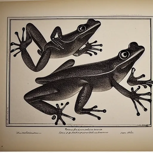 Image similar to full page antique lithograph blueprint of frogs, White background, art print, clean brush stroke