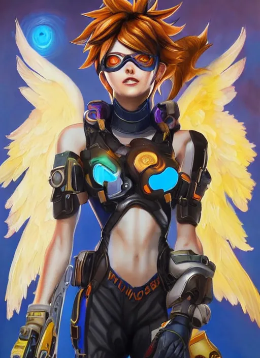 Prompt: full body oil painting of tracer overwatch in the style of mark brooks, angel wings, dramatic painting, symmetrical composition, silky garment, high detail, gold detailed choker, angelic, lights, flowers, heavenly, bright, detailed face,