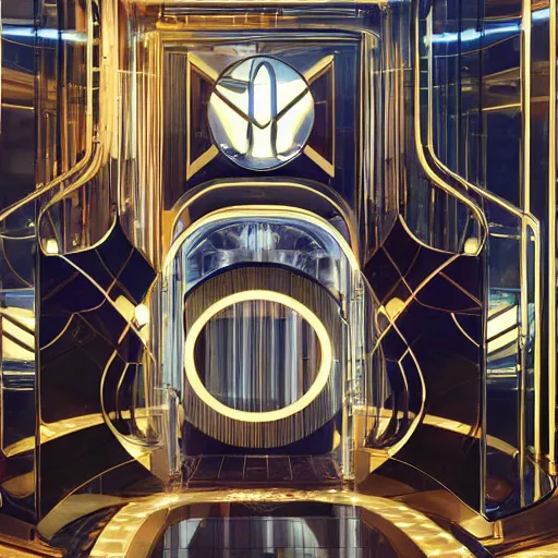 Prompt: a luxury handbag in year 3000, avant-garde, art-deco style, in entrance hall of an art-deco skyscaper, photography , official vuitton editorial , highly detailed