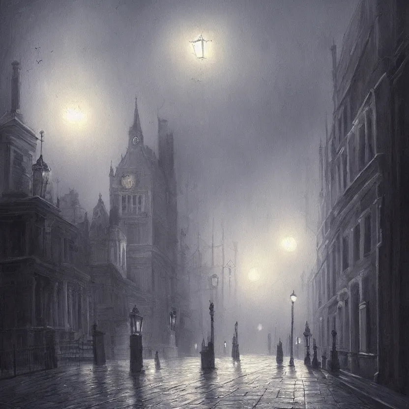 Prompt: beautiful painting of old London street scene spooky dark fog in the moonlight fantasy mystical Sergey Lukashin