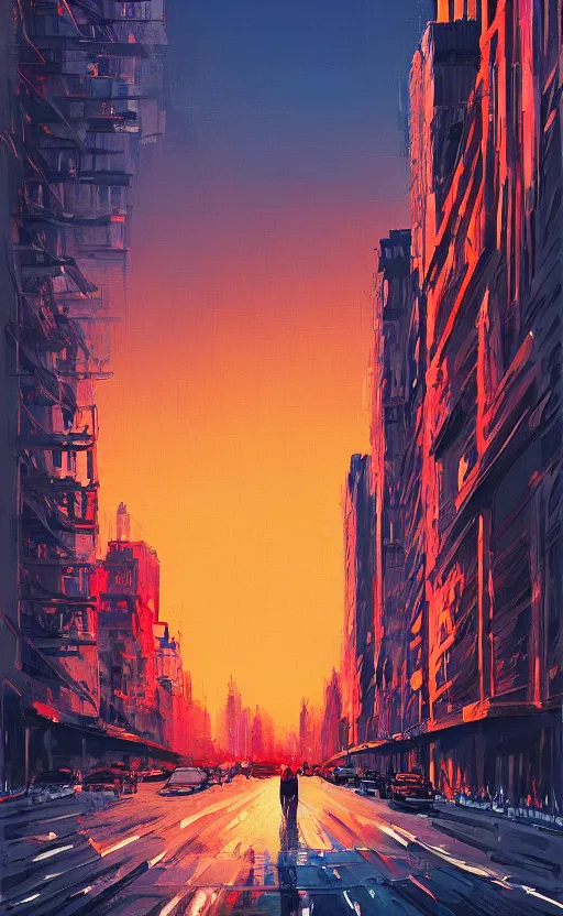 Image similar to a beautiful illustration new york at sunset, art of alena aenami, featured on artstation, vertical orientation, paint brush strokes, expressionism, brushstroke - laden, crimson hue