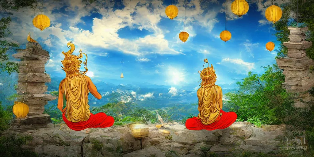 Prompt: wind deity enjoying the view from his stone heavenly palace, decorated with windchimes and paper lanterns, stunning nature and clouds in background, digital art, detailed