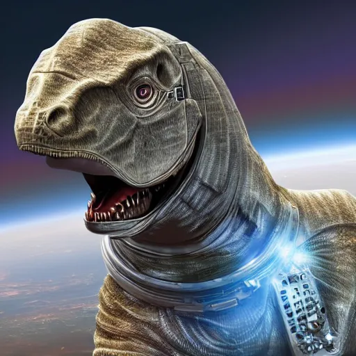 Prompt: a hyper realistic digital painting of a dinosaur in an space suit in space