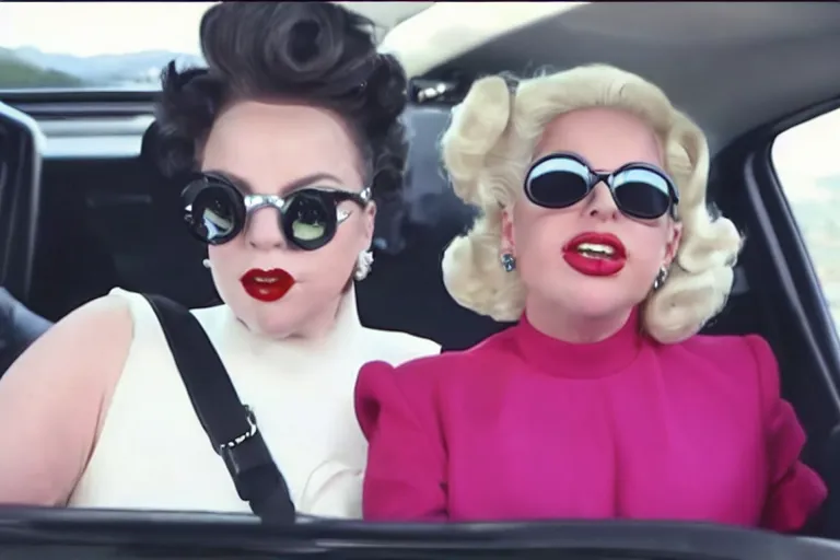 Image similar to lady gaga and judy garland doing carpool karaoke, lady gaga and judy garland, carpool karaoke, lady gaga, judy garland, carpool karaoke, youtube video screenshot, the late late show with james corden, higly realistic, high resolution, dashcam