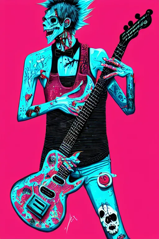 Image similar to risograph of a punk zombie playing guitar, tristan eaton, victo ngai, artgerm, rhads, ross draws, intricated details