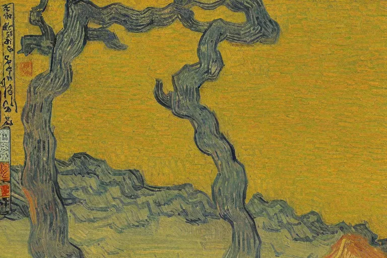 Image similar to japanese scenery in edo period, by vincent van gogh, high saturation, lower yellow color