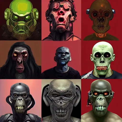 Prompt: sci - fi, undead cyborg head, doom eternal, baboon