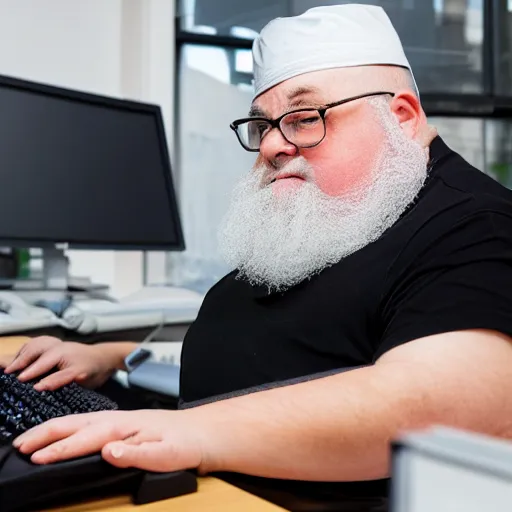 Prompt: a fat old man with a white beard typing on a mechanical keyboard in front of a computer, detailed,