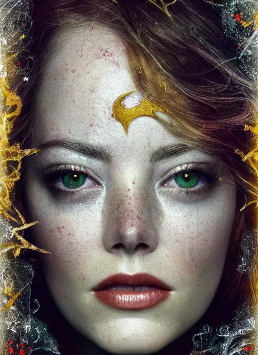 Prompt: glowing silver and golden elements, full close-up portrait, mixture of Emma Stone and Ryan Gosling as a dark witch, book cover, green forest, white moon, red lips, establishing shot, extremly high detail, photo-realistic, cinematic lighting, pen and ink, intricate line drawings, by Yoshitaka Amano, Ruan Jia, Kentaro Miura, Artgerm, post processed, concept art, artstation, matte painting, style by eddie, raphael lacoste, alex ross