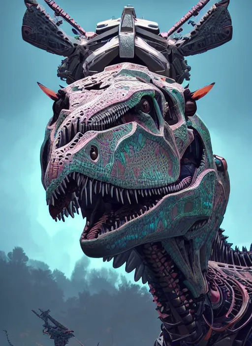 Image similar to symmetry!! portrait of a hybrid robot dinosaur, floral! horizon zero dawn machine, intricate, elegant, highly detailed, ray tracing, digital painting, artstation, concept art, smooth, sharp focus, illustration, art by artgerm and greg rutkowski and alphonse mucha, 8 k