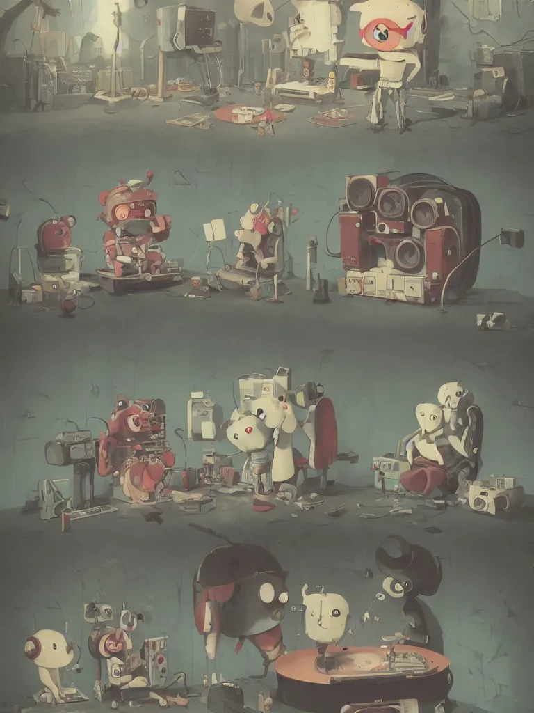 Image similar to cute anime monsters listening to record players by Goro Fujita and Simon Stalenhag and Banksy and Hieronymous Bosch, 8k, trending on artstation, hyper detailed, cinematic