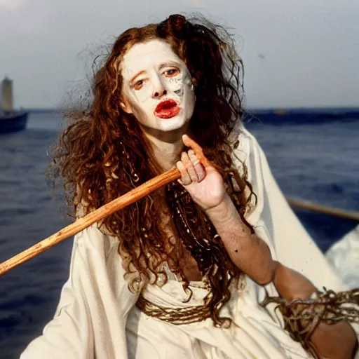 Image similar to a woman throwing up, a beautiful english woman with a long face narrow nose pale skin blue eyes red lips and wild messy tangles of curly white blonde hair leaning over the side of a sailing ship and throwing up, high resolution film still wearing a black robe and skull necklace and holding a spear, sandy, a journey to the west