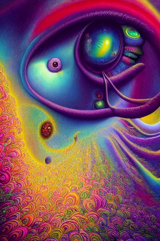 Image similar to hyperrealistic abstract close-up Renaissance psychedelic!! celestial happy! pure creature!! peaceful! kind spirit of nature! beautiful fractal!! eyes! highly detailed concept art eric zener elson peter cinematic hard rainbow lighting high angle hd 8k sharp shallow depth of field endless, inspired by Zdzisław Beksiński Salvador Dali