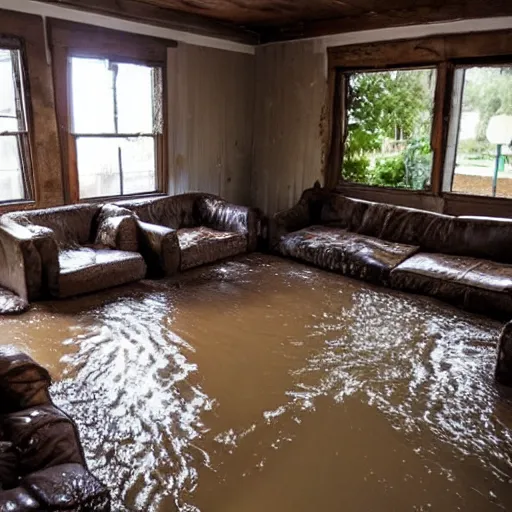 Image similar to old couches in a family room flooded with muddy water