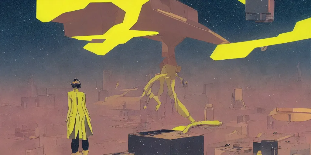 Prompt: sci - fi, matte gouache illustration, gigantic woman speaking to floating cats in the air, cubes of ice around, a lot of tears, people crying, ominous, style by moebius. yellow colors