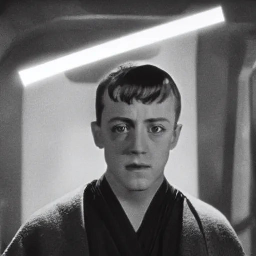Image similar to film still of young alec guiness as a jedi in new star wars movie, dramatic lighting, highley detailled face, kodak film, wide angle shot
