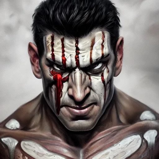 Image similar to portrait of remorseful frank castle the punisher, bruised, face paint, intricate, elegant, highly detailed, centered, grungy, digital painting, artstation, concept art, smooth, sharp focus, illustration, artgerm, artstation, boris vallejo