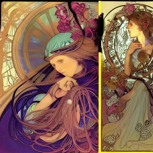 Prompt: Alice in Wonderland,Diamonds Blaze,Rose twining,out of time and space,dreamy, eternity, romantic,highly detailed,in the style of Alphonse Maria Mucha, night lighting