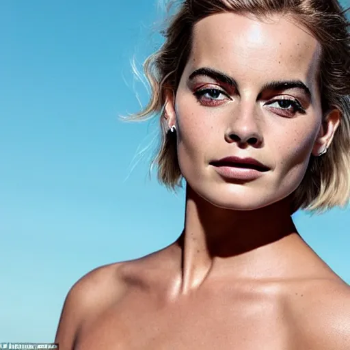 Image similar to a woman who is a genetic combination of margot robbie and emma watson face and upper - body focus