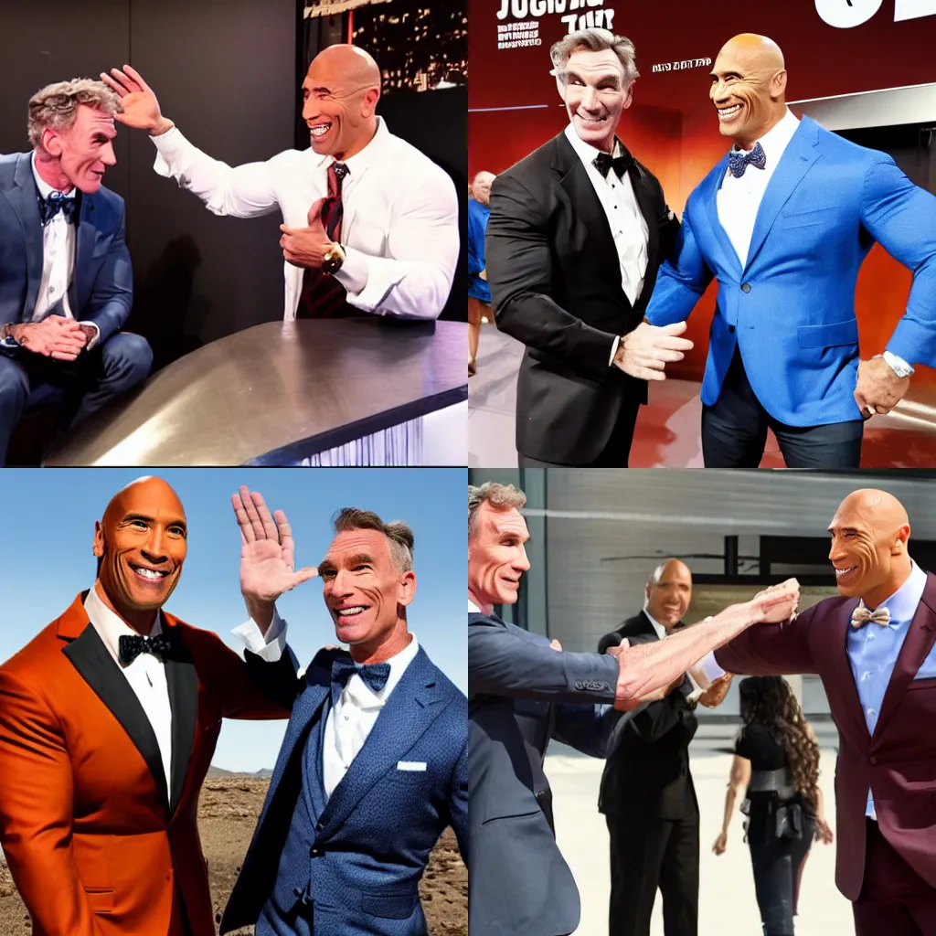 Prompt: bill nye doing a high five with dwayne the rock johnson