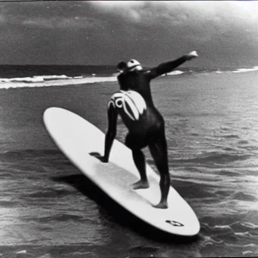 Prompt: An old photo of Hitler surfing at the Hawaii, 1930, black and White, High quality